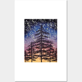 Forest silhouette on starry night Posters and Art